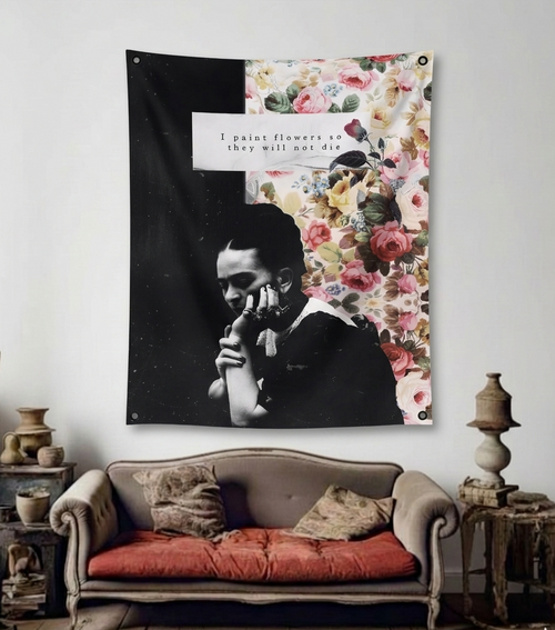 Frida Kahlo velvet wall tapestry – room mockup showing tapestry hung on bedroom wall