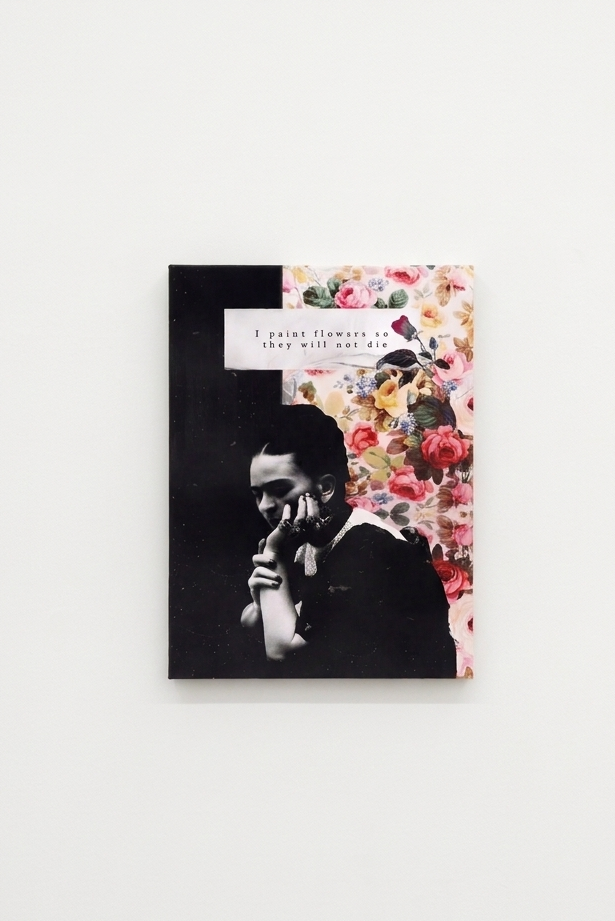 Frida Kahlo velvet wall tapestry – black and white portrait bleeding into vintage florals with iconic quote flat product view