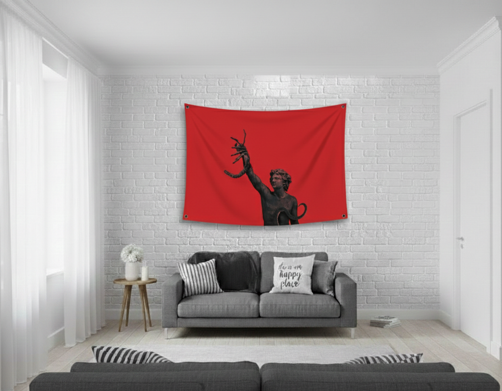 Dark Greek statue velvet tapestry mockup on bedroom wall