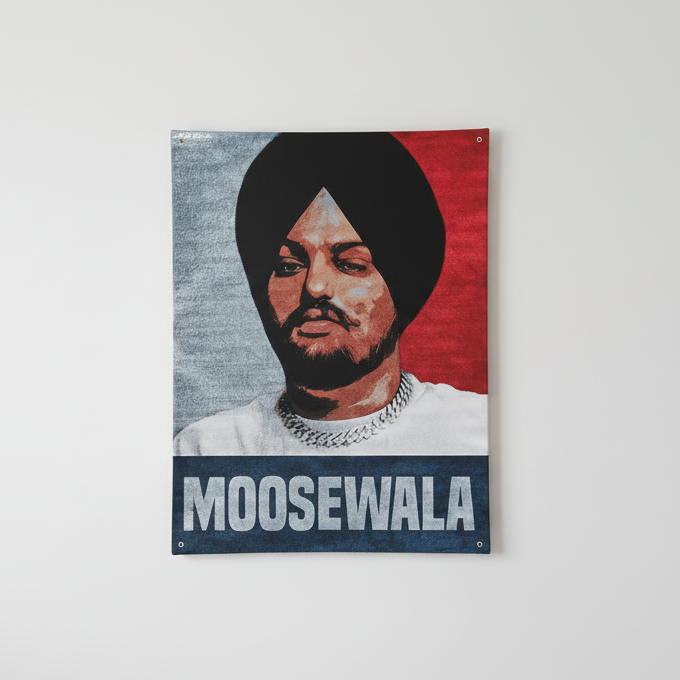 Sidhu Moosewala portrait velvet wall tapestry – red grey tribute design