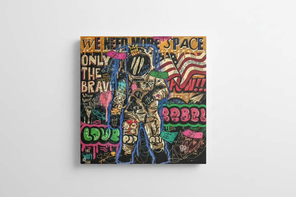 Astronaut pop art velvet wall tapestry – lone spaceman surrounded by graffiti rebel energy and dollar signs on neon background