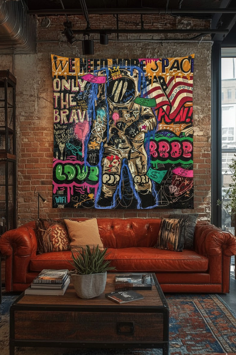 Astronaut pop art velvet wall tapestry – bold space and graffiti aesthetic mockup on gaming room wall