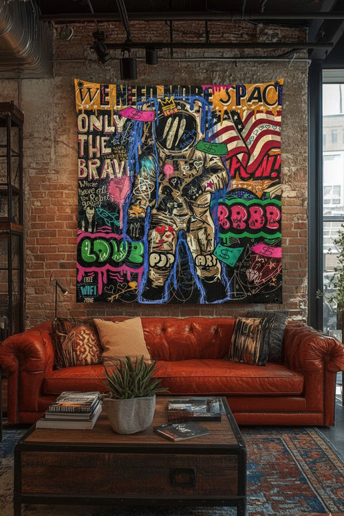 Astronaut pop art velvet wall tapestry – bold space and graffiti aesthetic mockup on gaming room wall