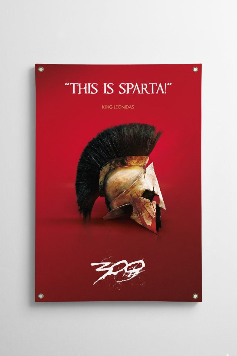 Spartan warrior helmet velvet wall tapestry – battle-worn Greek helmet front and center against deep crimson red background