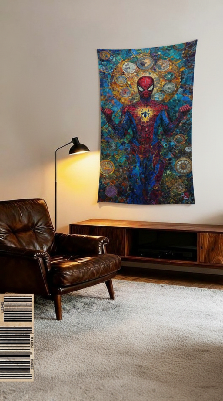 Spider-Man mosaic velvet wall tapestry – vibrant stained-glass Marvel art mockup on bedroom wall