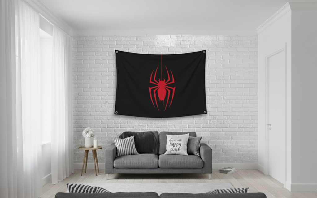 Miles Morales Spider-Man velvet wall tapestry – dark minimal Marvel superhero design mockup on bedroom wall