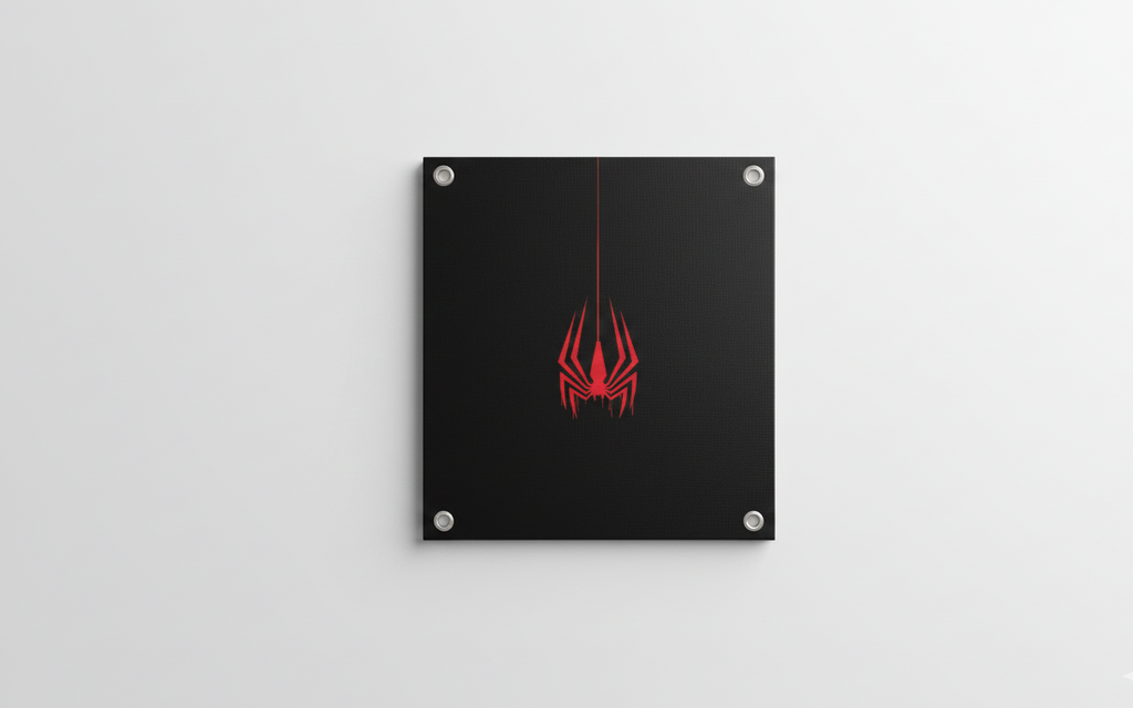 Miles Morales Spider-Man velvet wall tapestry – bold red spider symbol descending on thread against pure black background