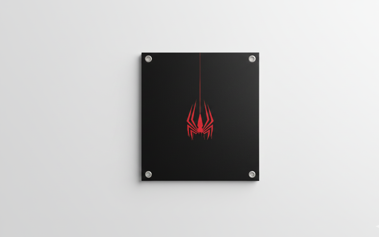 Miles Morales Spider-Man velvet wall tapestry – bold red spider symbol descending on thread against pure black background