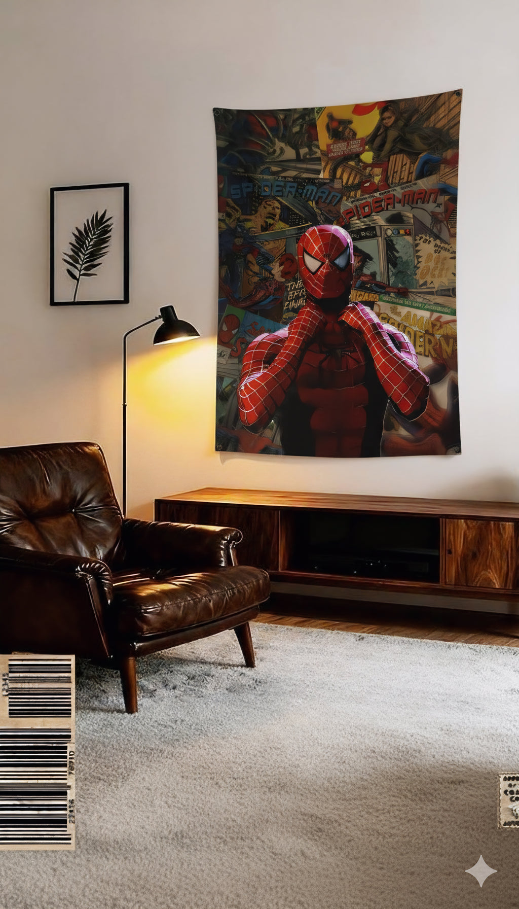 Spider-Man comic collage velvet wall tapestry – vintage Marvel cover collage mockup on bedroom wall