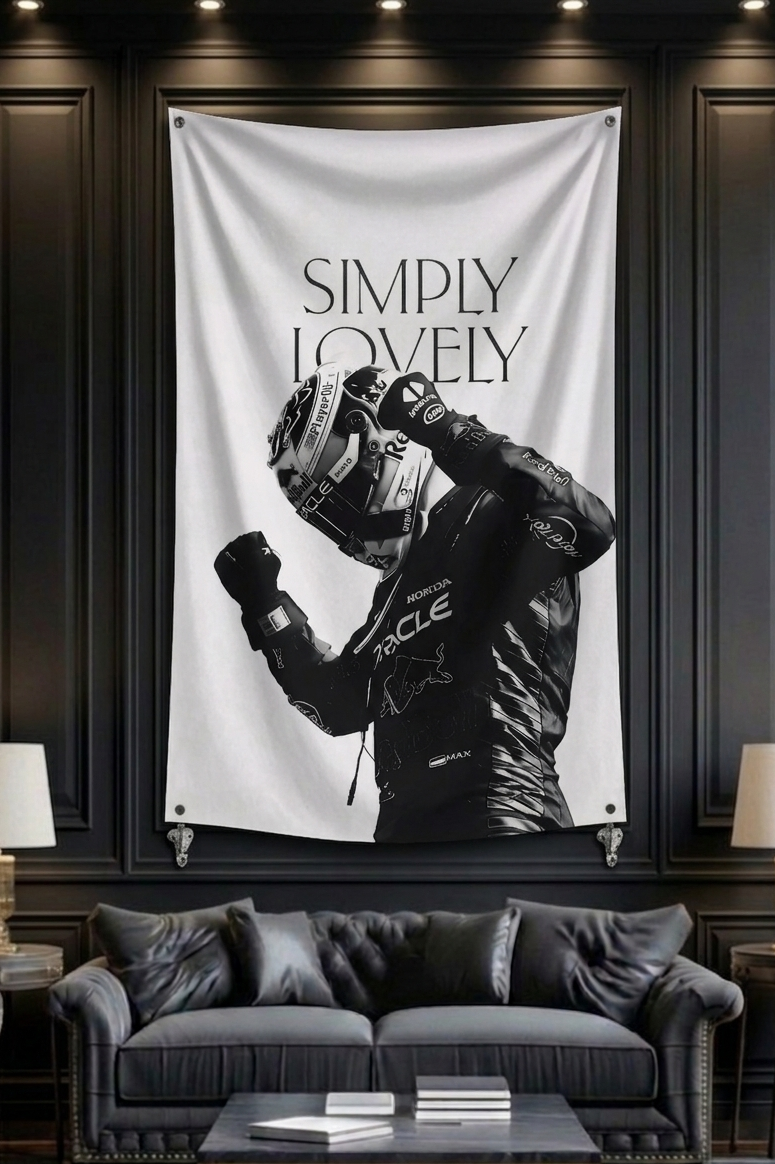 Max Verstappen Simply Lovely velvet wall tapestry – minimal black and white race suit graphic with serif typography