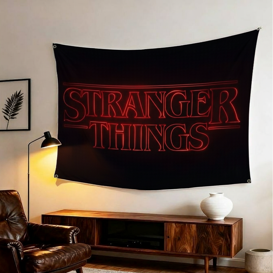 Stranger Things velvet wall tapestry – bold red neon logo fan art mockup on gaming room wall