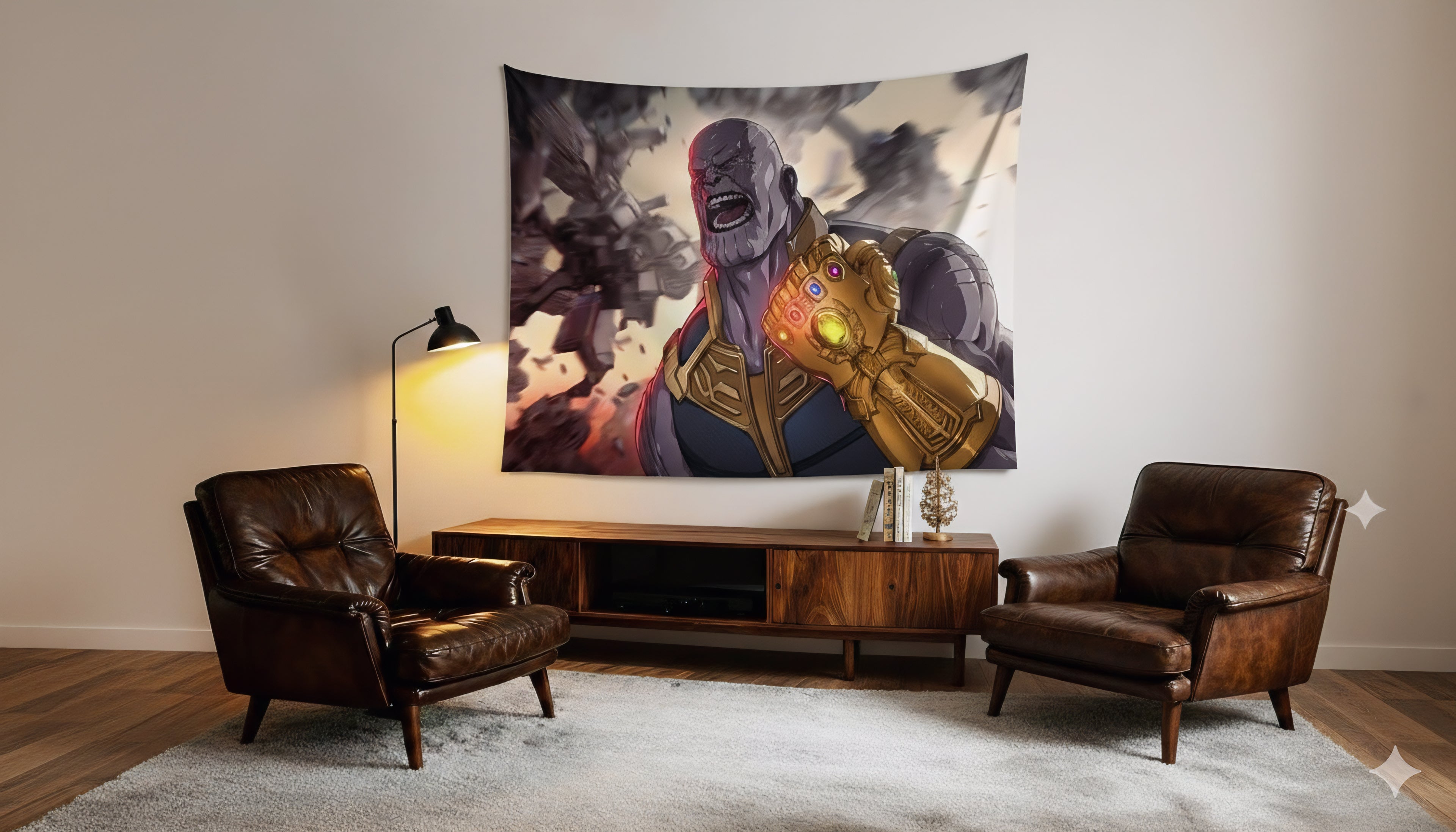 Thanos velvet wall tapestry – explosive Marvel comic art mockup on bedroom wall