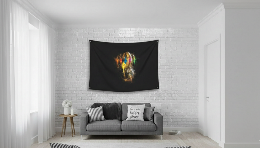 Infinity Gauntlet velvet tapestry mockup on gaming room wall