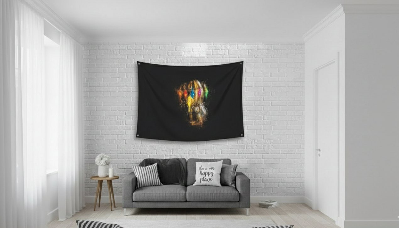 Infinity Gauntlet velvet tapestry mockup on gaming room wall