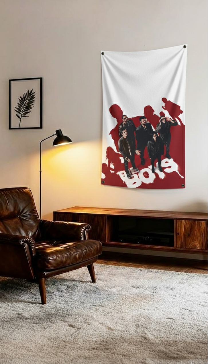 The Boys TV show velvet wall tapestry – Amazon Prime dark superhero fan art mockup on bedroom wall