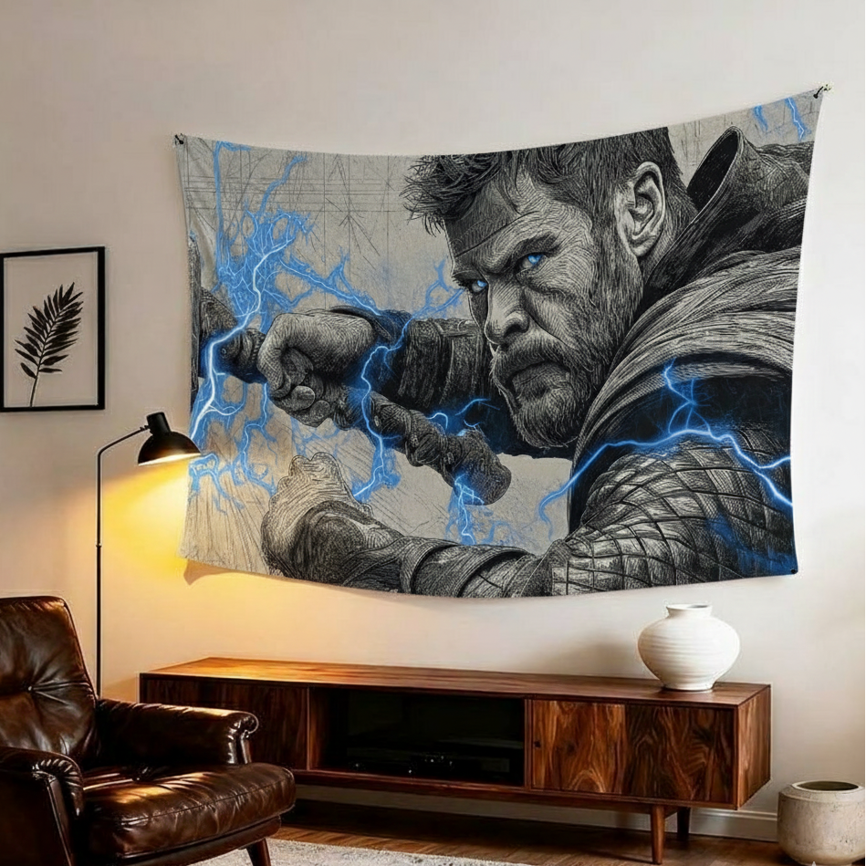 Thor God of Thunder velvet wall tapestry – blue lightning sketch superhero art mockup on bedroom wall