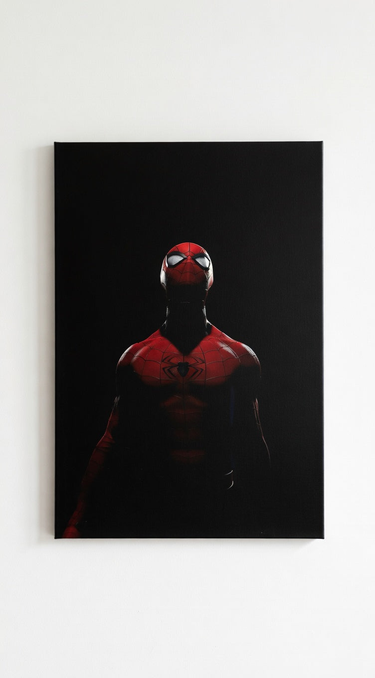 Spider-Man Dark velvet wall tapestry – Spidey standing in deep black with dramatic underlighting on red and black suit eyes sharp and focused