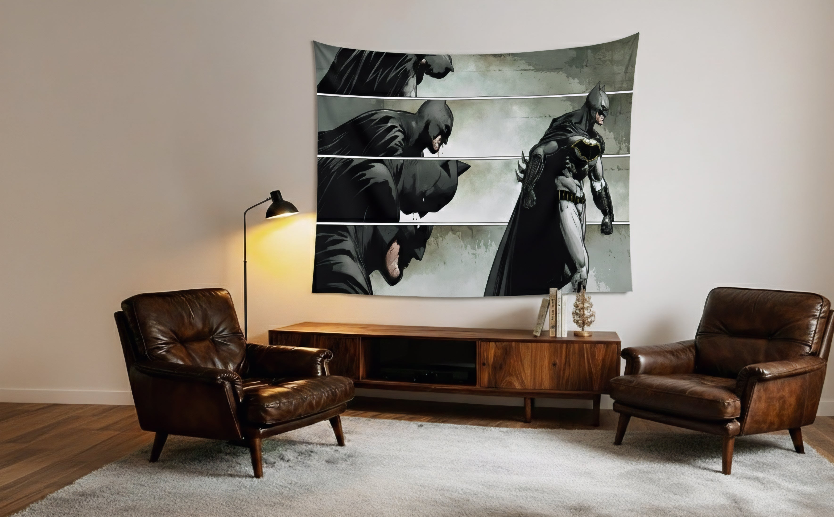 Batman Comic Panel velvet wall tapestry – dark DC comic art mockup on living room wall