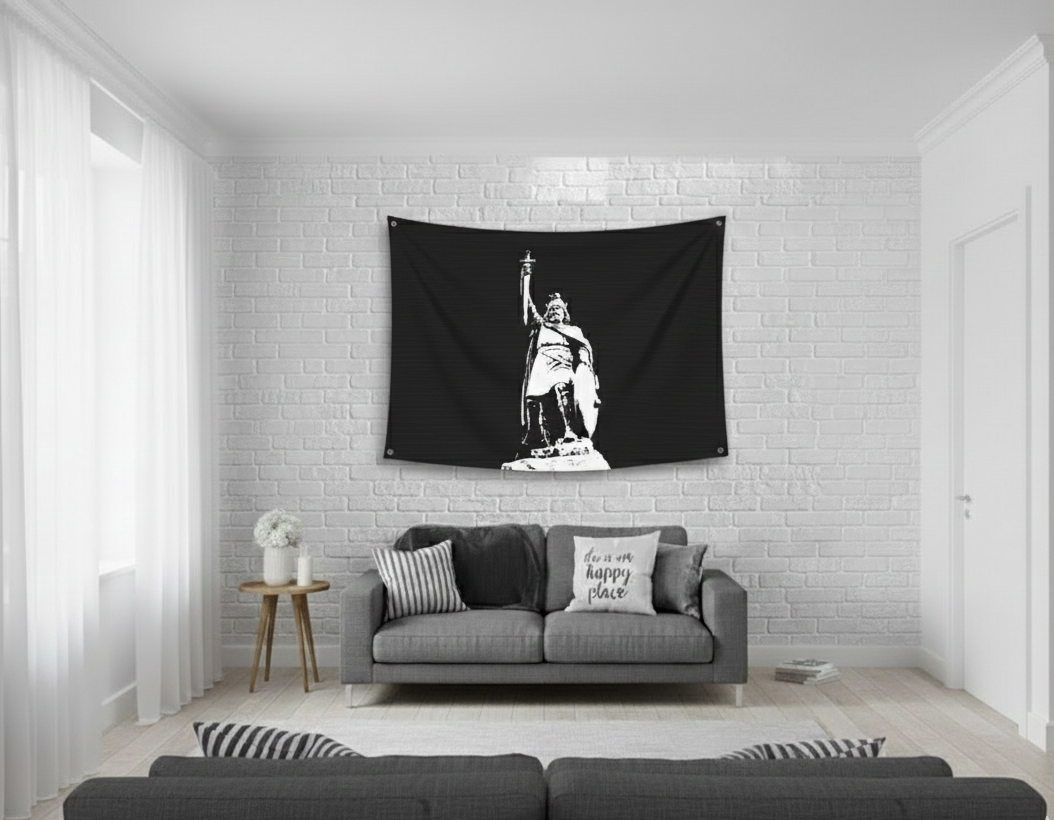 Medieval warrior velvet tapestry mockup on bedroom wall