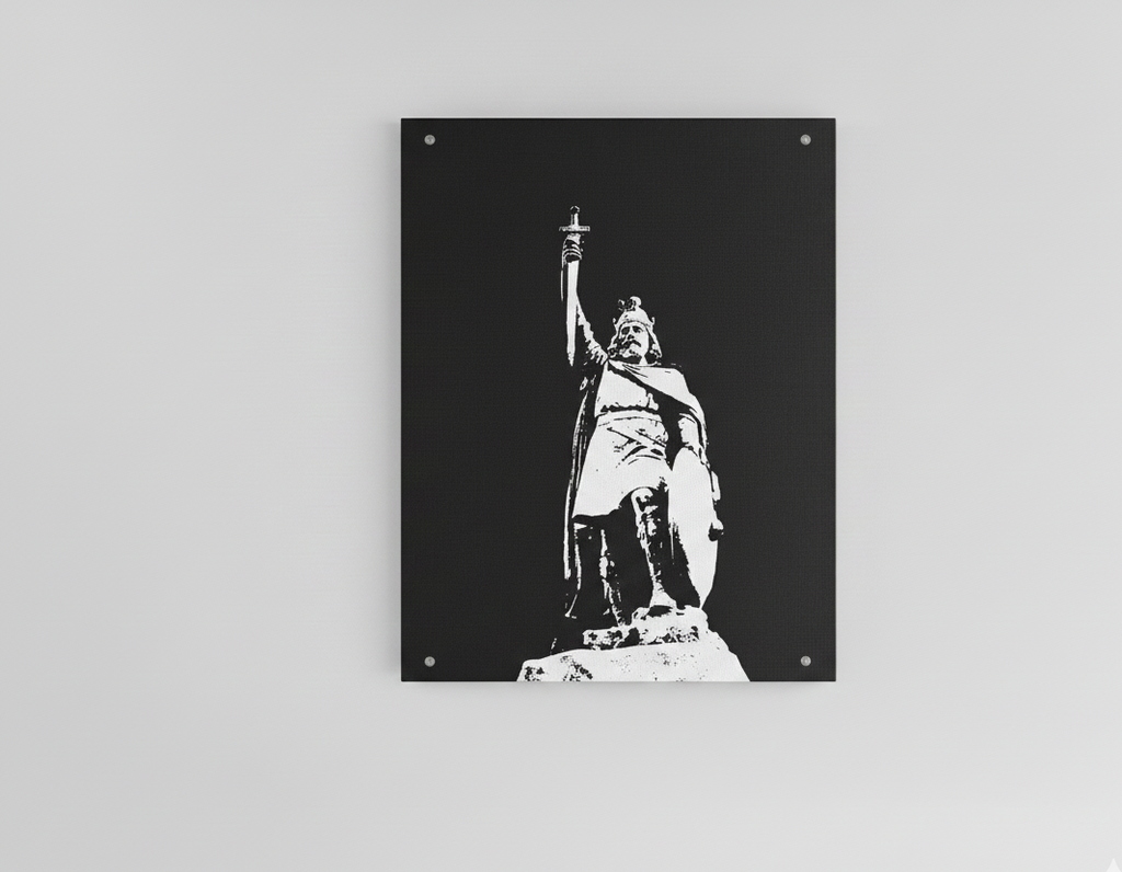 Medieval warrior king velvet wall tapestry – dark monochrome design