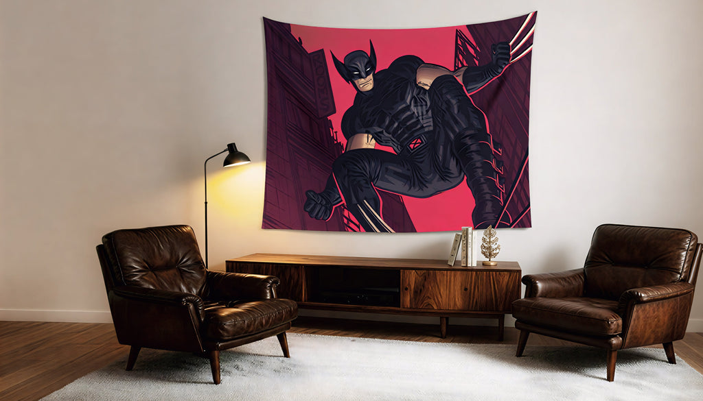 Wolverine comic art velvet wall tapestry – warm red comic art mockup on bedroom wall