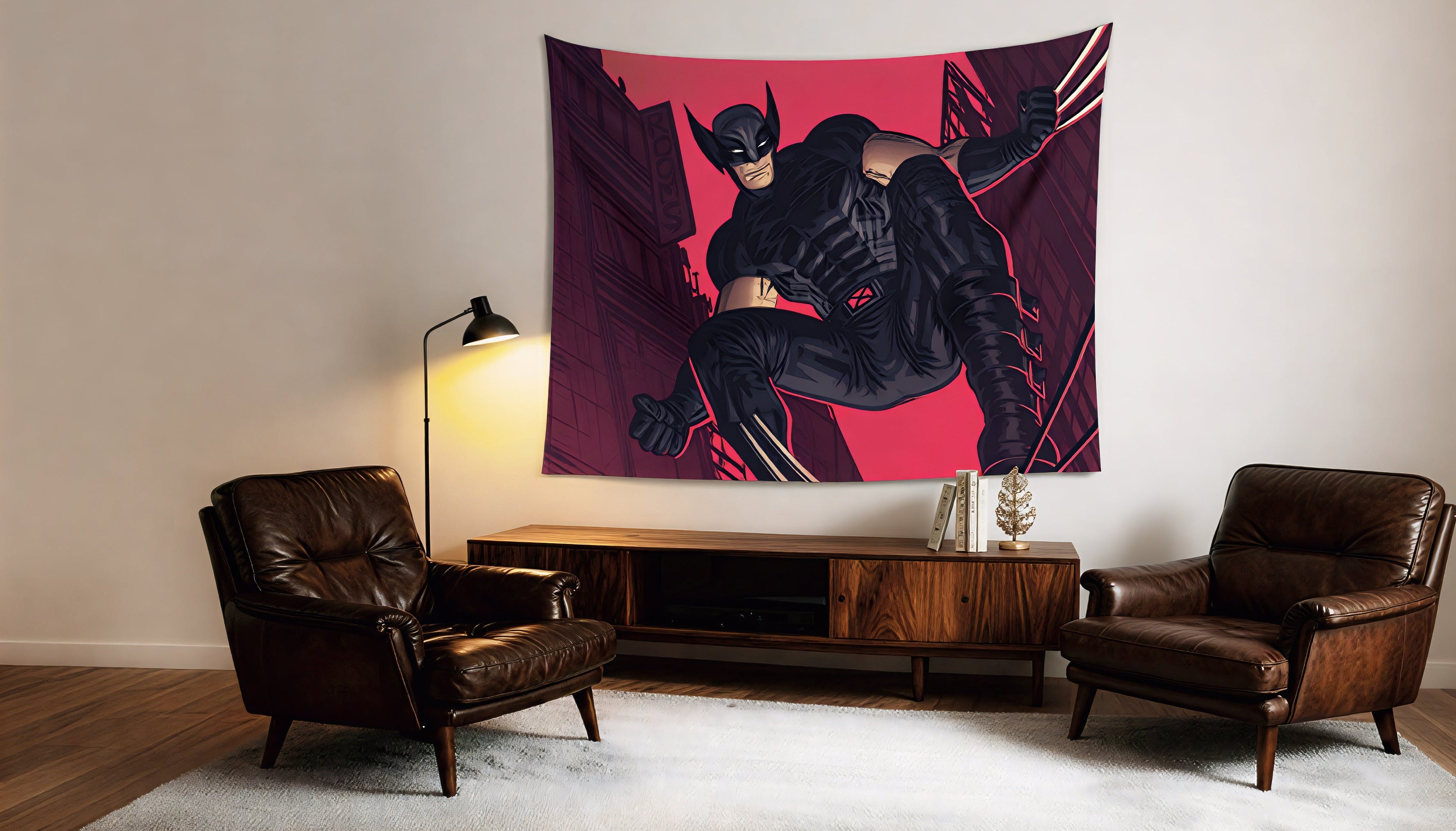 Wolverine comic art velvet wall tapestry – warm red comic art mockup on bedroom wall